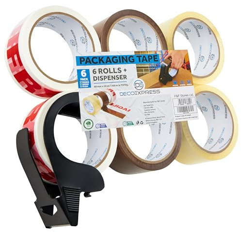DECO EXPRESS Paketklebeband mit Abroller Set, Paketbandabroller und Rollen Paketklebeband zum Verpacken Extra Strong PVC-Klebebändern (Kleiner Spender Gemischt)
