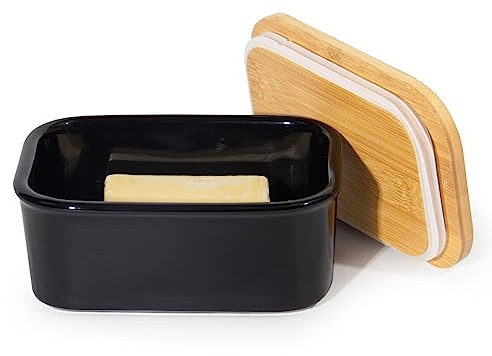 Theo&Cleo Butterdose Keramik mit Holzdeckel , 250g Butter Aufbewahrung , Butterbox Porzellan vintage (Schwarz)