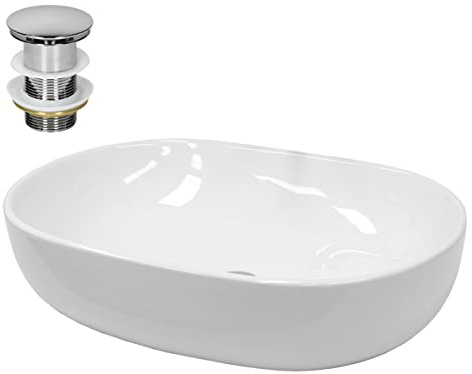 ECD Germany Lavabo da Appoggio Ovale 600 x 420 x 145 mm Lavandino Bacinella Lavamani Lavello Sanitari da Bagno Ceramica Bianco Lavandino con Set di Scarico Senza Troppopieno Foro di Scarico Standard