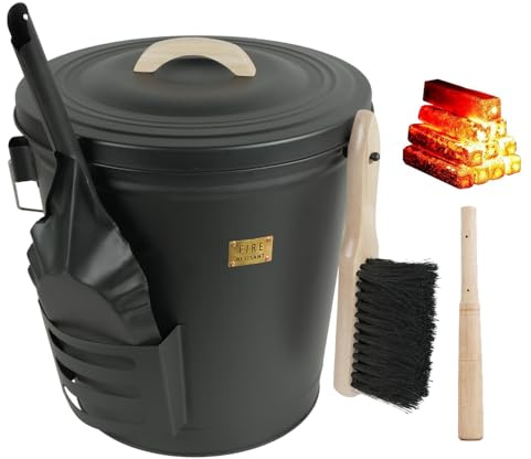 Annie Garden Ash Bucket with Lid and Shovel, Hand Broom and Stick, 5.2 Gallon Large Metal Ash Bucket for Fireplace Tools Set, Fire Pits, Wood Burning Stoves, Indoor and Outdoor, Camping, Grill, Black