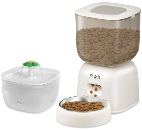 Distributeur Croquettes Chat Automatique et Fontaine à Eau Chat Combo, Autonomie de la Batterie jusqu'à 180 Jours, Enregistrement Vocal 10S, 3L Gamelle Automatique et 2L Fontaine