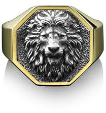 BySilverStone Jewelry Handgefertigter Wilder Löwe-Silber-Herrenring, Sterlingsilber-Löwenkopf-Siegelring, Vergoldeter Silberner Löwenmann-Ring, Achteckiger Siegelring Für Männer