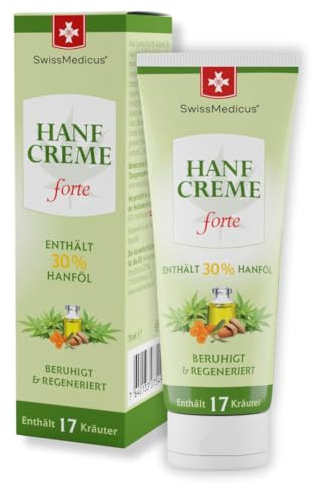 SwissMedicus Hanf-Creme forte | beruhigt & regeneriert | für eine intensive Behandlung der trockenen, empfindlichen und gereizten Stellen geeignet | 30% hochwertiges Hanföl | 75 ml