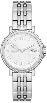 Skagen Signatur Uhr für Damen, Quarzwerk mit Edelstahl- oder Lederarmband, Silberton und Weiß, 34MM