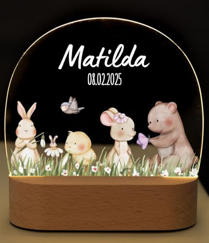 Bärenfreunde® - Personalisiertes Nachtlicht für Babys - Individuelle Nachttischlampe für Kinder - Personalisierte Geschenke Kinder - Babygeschenk - Geschenk zur Geburt (Tier Blumenwiese)