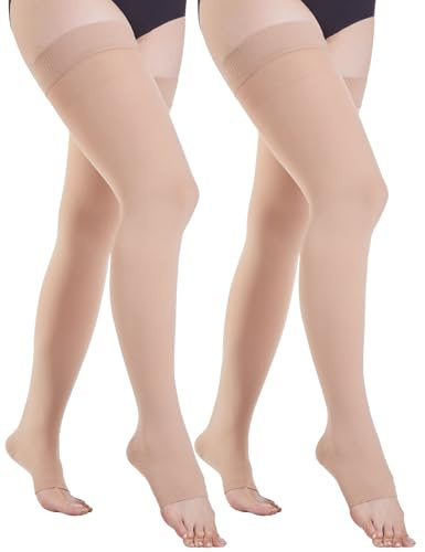 2 Paar Medizinische Kompressionsstrümpfe Damen & Herren 20-30 mmHg, Klasse 2, Abgestufte Unterstützung Lange Stützstrümpfe Kompressionssocken für Krampfadern Ödeme Flug (2x Beige, L)