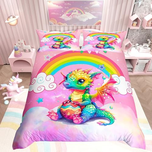 Loussiesd Kinder-Bettwäsche-Set mit Drachen-Motiv, für Einzelbett, Cartoon-Drachen-Ei-Druck, Regenbogen-Bettwäsche-Set, rosa Nebel, Tagesdecke, Bezug, geheimnisvoller Weltraum, Steppdecken-Set mit 1