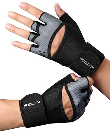 KUTOOK Ruderhandschuhe Fitness Calisthenics Handschuhe Krafttraining Bodybuilding mit Handgelenkschutz Trainingshandschuhe Herren Damen Stoßdämpfend mit Palm Pad für Crossfit grau M