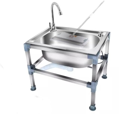 ZIUSFAC 48cm 60cm Mop Spüle Edelstahl Waschbecken Spülbecken Freistehende Spültisch Küchenspüle Mobiles Handwaschbecken Ausgussbecken Für Garagen/Gartengrill/Waschküche(Single Cold,60x45cm)