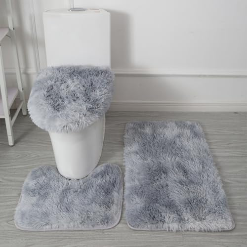 Magic Water Absorbent Bathmat 3PCS Soft Microfiber Bathroom Rugs Sets 3 Piece, Non-Slip Bath Mat Fluffy Plush Toilet Seat Cover for Bathroom Machine Washable Bath Mat with PVC Flannel Backing (Grey)