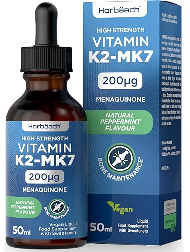 Vitamin K2 MK7 Drops 200ug | 50 ml | High Strength Vitamin K2 as Menaquinone MK7 | Peppermint Flavour | Vegan Liquid Food Supplement | by Horbaach