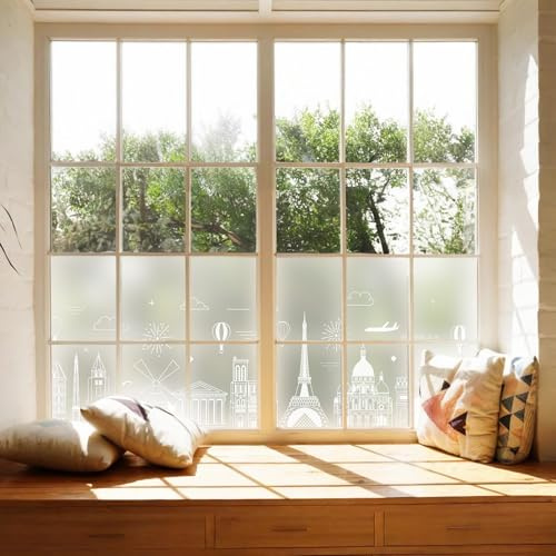 dktie Fensterfolie Sichtschutzfolie Dekorative Fensterfolie Mit Weiße Stadtgebäude Blickdichte Milchglasfolie Statisch haftend, Ohne Kleber, UV-Schutz, Sichtschutz, Blendschutz 44.5x200cm