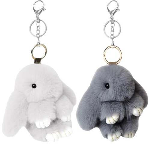 OPVXZAD 2PCS Portachiavi Coniglietto di Peluche,Morbido Fluffy Coniglio Portachiavi Carino Peluche Coniglietto Keyring Anelli Faux Pelliccia Keychain Pompom (Grigio e Grigio Chiaro)