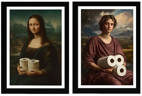 Nacnic Set de 2 Cuadros Clásicos de Mona Lisa con Papel Higiénico Ilustración Divertida en Estilo Vintage para Decorar, Arte de Pared para Inodoro, Baño, WC A4 Marco Negro