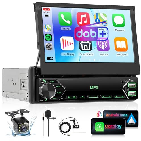 DAB/DAB+ Wireless Carplay Single Din Car Radio with Android Auto, 7 inch Manual Flip Out Touch Screen 1 Din Car Radio with Bluetooth EQ Mirror Link FM USB Type-C AUX Backup Camera