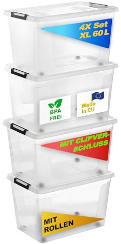 Gardissimo Aufbewahrungsbox 4er Set 60 Liter Transparent mit Deckel | Kunststoff, Stapelboxen, Mit Rollen, Clip-Verschluss, BPA-frei, Made in Europe