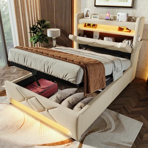 Oslghy Polsterbett Einzelbett 90x200 cm, Stauraumbett Bett mit USB Type-C Port und Einstellbar Stauraum Kopfteil, Hydraulisch Jugendbett mit LED-Funktion, Lattenrost, Beige, Leinen, ohne Matratze