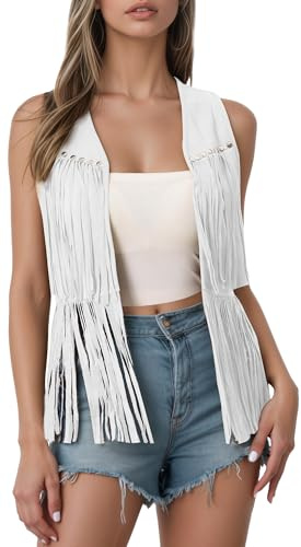 Maeau Gilet Femme Sans Manches Faux Daim avec Franges Décontracté S-XXL | Veste Sans Boutons Rock Style Cow-boy Occidental, Style Années 60/70, Sans Fermeture, Western, Hippie