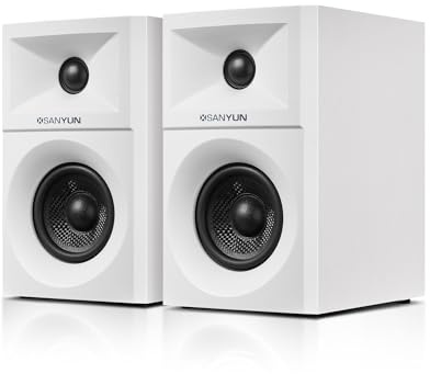 Sanyun SW203 4.0 PC Lautsprecher - 60W 4-Wege DSP Steuerung 3D Immersiver Sound - 3 Kohlefaser Tieftöner & 20mm Seidenkuppel Hochtöner - 24bit DAC USB/Bluetooth 5.4/AUX - Studio-Audio (Paar, Weiß)