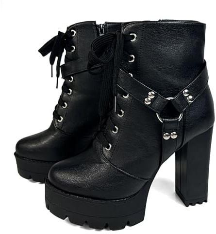 MEOTINA High Heel Boots Black Platform Heeled Boot for Women Sexy Buckle Goth Shoes Lace Up Combat Booties with Heels Zipper
