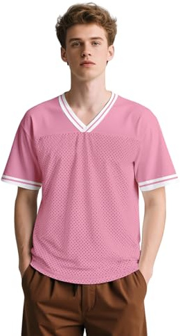 pod4soccer Men's Pink Football Jerseys Blank Mesh Hip Hop V Neck Short Sleeve Shirt Plain Practice Sports Uniform Fans Gifts XL