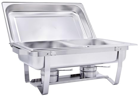 TeknoStahl GN-Chafing Dish Speisewärmer Komplettset 1/2 inkl. Gestell mit Tragegriffen und Deckelhalterung, Wasserbadbehälter, 2X GN-Behälter 1/2 65 mm, Brennpastenhalter inkl. Schliessmechanismus