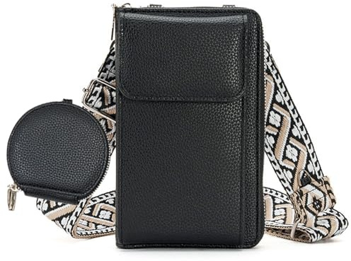 Umhängetasche Damen Klein PU Leder Handytasche Crossbody Bag Handytasche zum Umhängen Breitem Schultergurt Mode Geldbörse Umhängetasche Abnehmbar Schultergurt Mit einem kleinen Münzfach (schwarz)