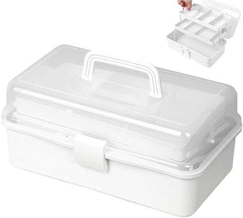 Kongming 32cm Bastelkoffer Kinder, 3 Regal Mehrzweck Aufbewahrungsbox mit Deckel, Bastelbox Kunststoff Sortierboxen für Kleinteile, Organizer Box, Nähkasten, Medizinkoffer, Toolbox, Angelkoffer (Weiß)