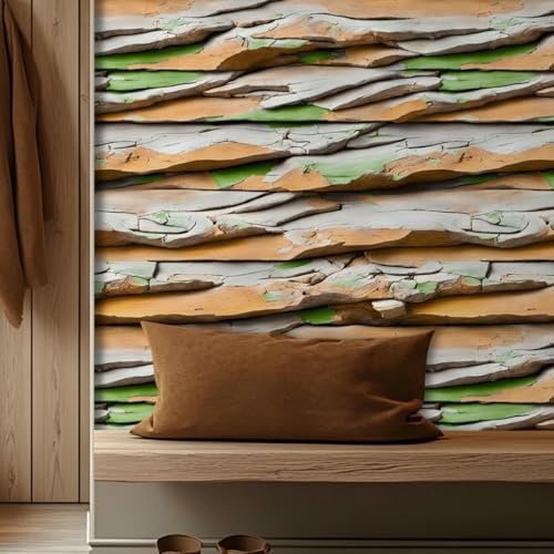 ESSMOKO Papel tapiz Papel pintado autoadhesivo de PVC impermeable con textura de madera de lujo para dormitorio y sala de estar decoración en naranja y verde 45 * 500cm