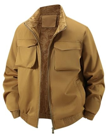 Herr arbete cargojackor, sherpa fodrad bruksrock tjock varm vinterjacka, vardaglig dragkedja utomhus flyg bomberrock, Kaki 3, 3XL