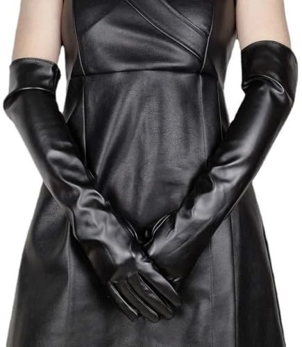 Blausky Opera Evening Gloves for Women, Long Faux Leather Gloves, Elegant Leather Gloves, 50 cm Look, Leather Look Winter Gloves, Women's Gloves for Costume Party, S, Black