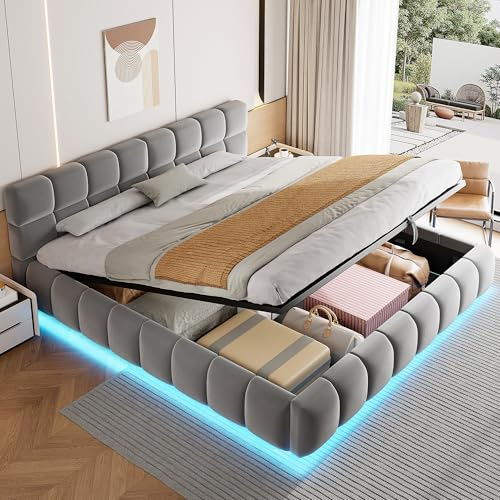 ECLIVON Doppelbett Polsterbett 180x200 mit LED Lichtleiste, Bodenbett | Für Schlafzimmer, Mit Hydraulisch Stauraum, Flachbett, Jugendbett Bettgestell mit Lattenrost, Samt, Beige, Ohne Matratze