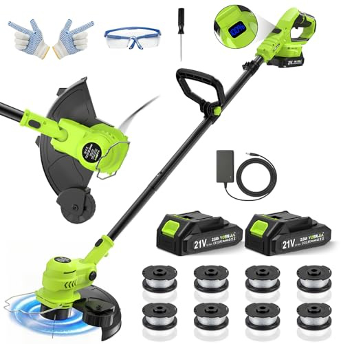 VOERJIA Akku Rasentrimmer 21V, 2-in-1 Rasentrimmer & Kantenschneider, LCD Akkuanzeige, 2×2000mAh Akku, Automatische Fadennachführung, 8 Fadenspulen, für Rasen, Rasenkanten & Gartenwege