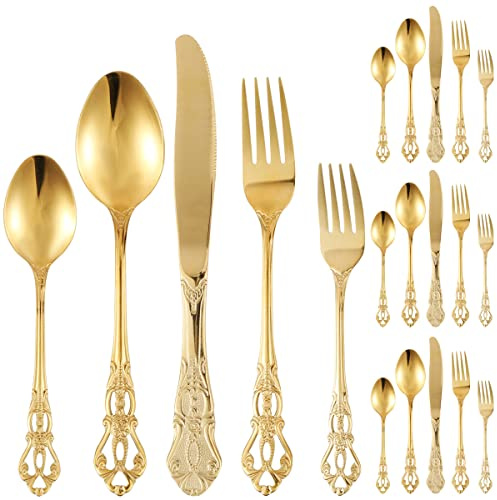 20 Pcs Retro Hollowed-Out Gold Stainless Steel Cutlery Set,Royal Western Utensil Flatware Set for 4,Gorgeous Tableware Set Dishwasher Safe Antique Baroque Cutlery Set for Home Kitchen(Gold)