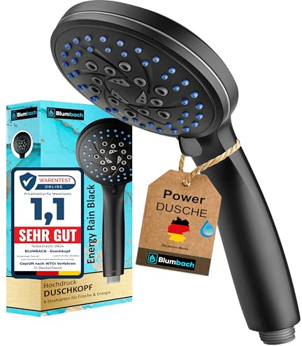 BLUMBACH® Duschkopf schwarz Energy Rain - Shower Head mit 9 Strahlarten | Wassersparende Duschbrause schwarz, Hochdruck Duschkopf Massage, Brausekopf Dusche, Handbrause Dusche mit hohem Druck