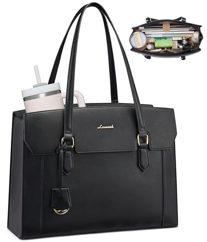 LOVEVOOK Laptoptasche 17,3 Zoll Handtasche Damen Groß Arbeitstasche Leder Shopper Tote Bag Women Lehrertasche Aktentasche Einkaufstasche Tragetasche Elegant für Work Büro Business Uni Schule, Schwarz