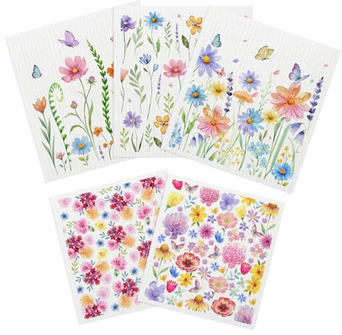 5 Pack Swedish Dishcloths, Flower Kitchen Dishcloths Dish Towels for Flower Lover, Colorful Mixed Colours Reusable Cleaning Cloths for Kitchen, Paper Towel Dish Cloth Towel Cleaning Wipe for Home