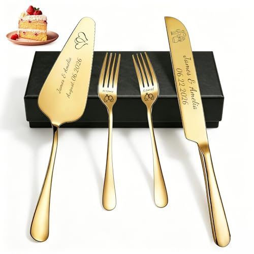 QSZ Personalisiert Tortenschneider Set mit Tortenmesser und Tortenaufleger Persönlicher Gravur mit Name und Text Geschenke für Hochzeiten Geburtstage (Kuchenmesser Set aus Edelstahl)