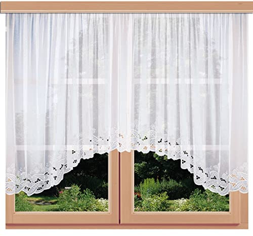 SeGaTeX home fashion C-Bogenstore Emilia Fertiggardine Blumenfensterstore weiß mit Stickereikante aus echter Plauener Spitze 125 x 450 cm