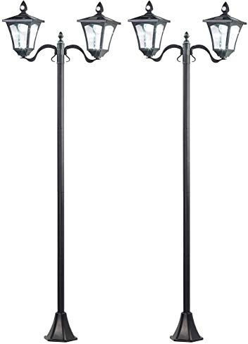 Royal Gardineer Solarleuchten LED: 2er-Set Solar-LED-Gartenlaterne, 180 cm,2 flammig, PIR- & Licht-Sensor (Solarleuchte mit Stange, Solar Gartenlaterne Antik, Parkplatz)