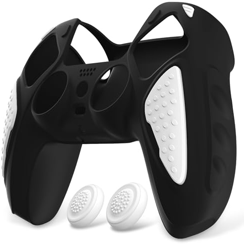 PlayVital Funda de Silicona para ps5 Mando - Carcasa de Goma Antideslizante con Tapas para Pulgar, Protector Tacto Suave, Accesorio Compatible con ps5 - Edición Knight (Negro Blanco)