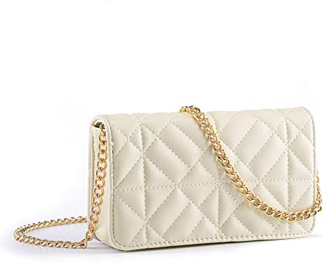 CHIC DIARY Damen Mini Umhängetasche PU Leder Tasche Rautenmuster Kettentasche Schultertasche Mode Crossbody Bag Weiß