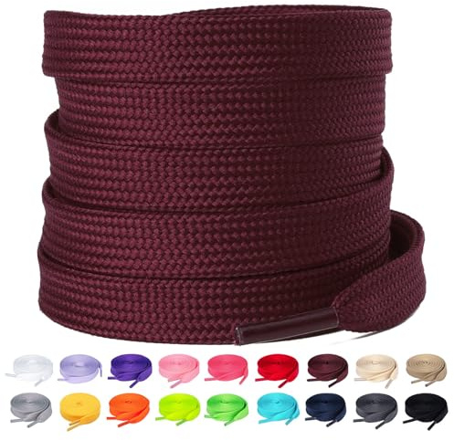 Olukssck Lacci Scarpe Piatti Colorati, [2 Paia] Stringhe Scarpe Resistenti Lacci da Ricambio per Scarpe Sportive, Scarponcini, per Adulti e Bambini - Larghezza 10 mm, Rosso Scuro, 145cm