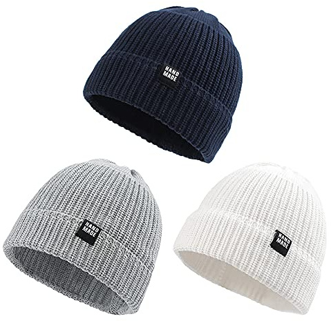Pesaat Gorro de Punto cálido de Invierno para bebés o niños, Gorro de Punto Acanalado, para niños y niñas de 0 a 5 años (Blanco+Gris Claro+Marino, 6 a 24 Meses)