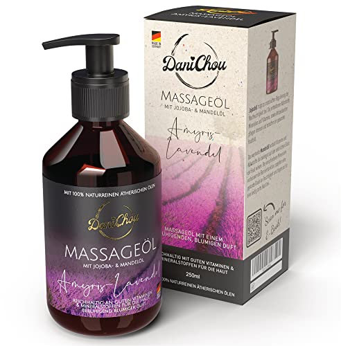 DaniChou Massageöl Amyris-Lavendel 250ml - Natürliches Massageöl - Entspannender Duft - 100% vegane Naturkosmetik - Ohne Farb- & Konservierungsstoffe - Für ultimative Tiefenentspannung & Wohlbefinden
