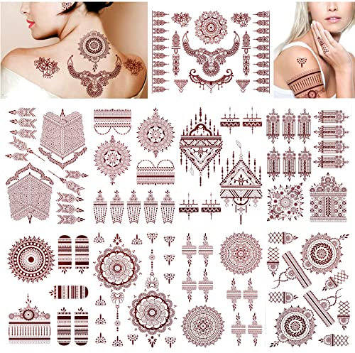 DPKOW Brown Red Temporary Tattoos for Woman Girls, 9 Sheets Mandala flower Tattoo Stickers Indian Lace Tattoo for Hand Arm Body Art, Waterproof Fake Temporary Tattoos Stickers for Eid al-Fitr Wedding