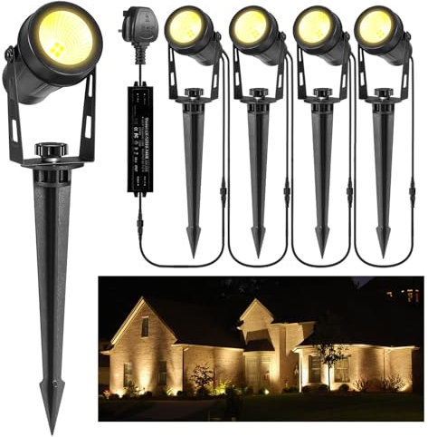 GreenClick Garden Spike Lights, Extendable Garden Lights Mains Powered 12V Low Voltage Landscape Spotlights IP65 Waterproof Outdoor Garden Uplights for Wall Trees Shrubs(4 Pack, Warm White)