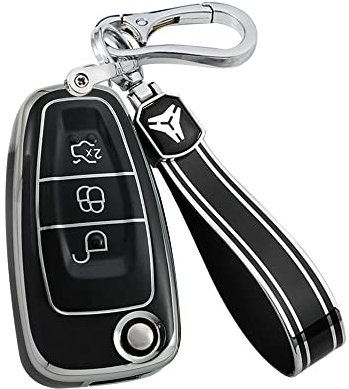 KUNIO Autoschlüssel Hülle Passt für Ford Kuga Focus 2 3 MK3 ST RS Ecosport Escape Fiesta C-Max S-Max Mondeo TPU Schlüsselhülle Schlüsselanhänger Klappschlüssel Cover Schlüsseletui Schwarz