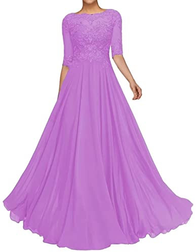 HYEC7 Lace Appliques Mother of The Bride Dresses Short Sleeves Long Chiffon Prom Dresses a Line Bridesmaid Dress with Bead Lilac
