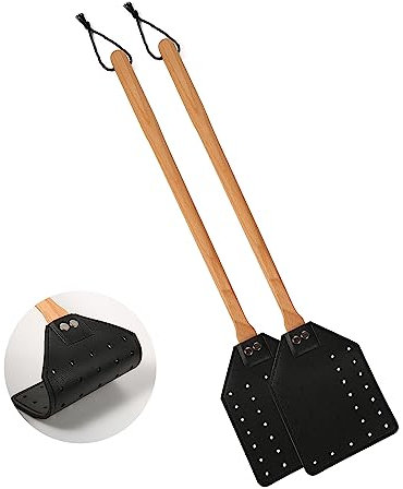 Diyfixlcd Fliegenklatsche aus Leder, manuelle robuste Fliegenklatsche mit langem Holzgriff und Seil zum Aufhängen, langlebige Fliegenklatsche, Wespenklatsche für drinnen und draußen, 2 Stück